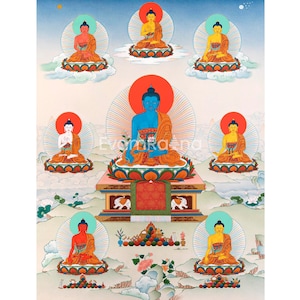 8 Medicine Buddha Thangka, Bhaisajyaguru, Quality Thangka Canvas Art Print | Buddha : The God fo Wisdom | Buddha Wall Hanging for Decor |