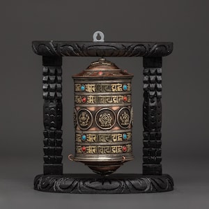 Prayer Wheel Featuring Buddhist Auspicious Symbols | Handcarved Wooden Frame | Buddhist Spinning Prayer Wheel | Tibetan Buddhist Sacred Art