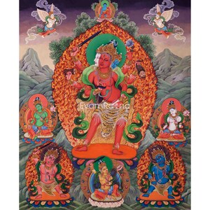 Goddess Vajrayogini Meditation Large Asian Canvas Art Print | Vajrayogini With Green Tara, White Tara, Manjushri | Large Asian Canvas Print