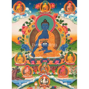 Original Handbemalter Thangka Von Medizin Buddha Flankiert von Bodhisattvas | Bhaisajyaguru Tibetanischer Blauer Buddha | Tibetanisches Wanddekor