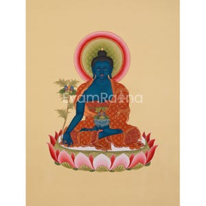 Blue Healing Buddha Thangka | Medicine Buddha | Bhaisajyaguru | Tibetan Healing Art | 24K Gold | Buddhist Thangka for Meditation Practice