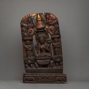 Green Tara in Sacred Throne | 62.5 cm Handcrafted Wooden Statue with Acrylic Painting for Protection | Compassion and Spiritual Dharma Decor