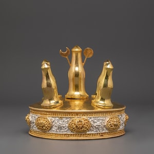 Buddhist Torma Altar Tool with Moon and Sun Symbols | Gold and Silver Plated Ritual Offering Object | Tibetan Copper Sacred Shrine Item