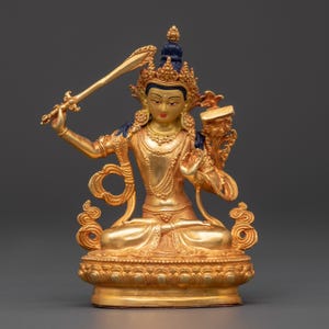 Manjushri Spiritual Statue | Handcrafted Gold-Plated Copper Sculpture, Buddhist Wisdom Icon, Meditation Decor, 11cm Height, Tibetan Artifact