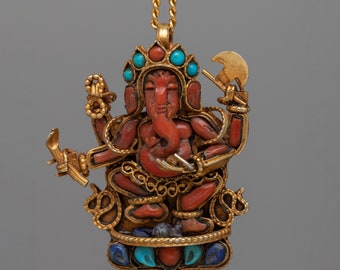 Red Coral Ganesh Pendant | Elegant Deity Gift | Token of Devotion | Ganesh Carving Stone | Silver body | Locket for Women and Men