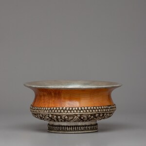 Handcrafted Buddhist Ritual Offering Bowl | Wooden and Silver Design | Meditation and Offering Shrine Decor | Traditional Buddhist Artifact