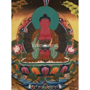 Red Amitabha Buddha Thangka Painting | Handpainted Religious Art | Tibetan Buddhist Crafts Wall Hanging Art | Peace & Altar Space Decoration