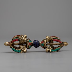 Vajra with Artifical Stone Inlaid | Five-Strand Vajra Creative Handmade Brass Vajra | Buddhist Sacred Dorje Art | Tibetan Ritual Item |