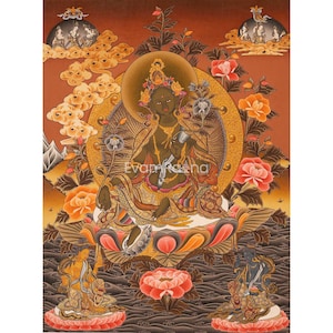 Green Tara Thangka | Original Handpainted Buddhist Art | Religious Buddhist Paint | Spiritual Wall Art | Wall Hanging For Positive Energy
