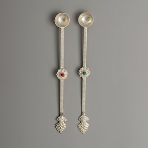 Altar Silver Plated Spoon Set | 22cm Copper Ritual Spoon with Coral & Turquoise Inlay | Tibetan Buddhist Puja Tool | Spiritual Offering Item