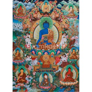 Acht Medizin Buddha Thangka | Handbemalt im Traditionellen Stil mit 24K Gold | Heilende Gottheiten | Bhaisajyaguru Kunst | Großes Kunstwerk