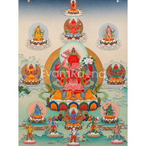Thangka Print of Yidam Gyalwa Gyatso Surrounded by Retinue and Dakinis, High-Quality Prints for Meditation