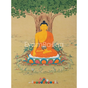 Le bouddha Shakyamuni éveillé sous l&#39;arbre de la Bodhi | Décoration murale spirituelle pour la tranquillité | Toile des Lumières | Oeuvre de méditation