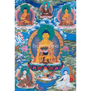 Thangka Painting of  Shakyamuni , Dipankara  and Maitreya Buddha Surrounded by The Great Buddhist Masters - Atisa, Nagarjuna and Milarepa