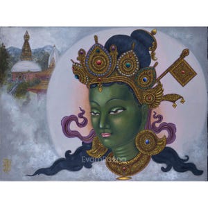 Green Tara Female Buddha Of Enlighten Activity Paubha Print | Green Tara, The Mother Of All Buddhas | Spiritual Canvas Print For Meditation