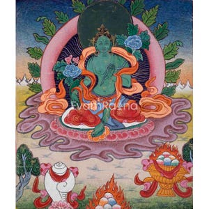 Vintage Green Tara Thangka | Tara Painting | Buddhist Art | Sacred Green Tara | Goddess Art | Zen Buddhism | Tara Bodhisattva | Zen Buddhism