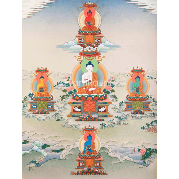 Dhyani Buddha Thangka Print | Five Cosmic Directional Buddhas | High Quality Canvas Prints | Meditation Art For Practice | Traditional Arts