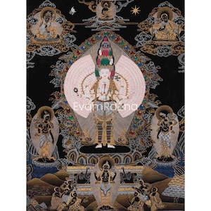 Black And Gold Original Hand Painted 1000 Armed Avalokiteshvara Tibetan Thangka | Bodhisattva Guanyin Chengrezig | Wall Hanging For Yoga