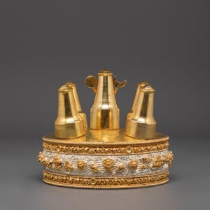 Tibetan Ritual Torma with Floral Silver Base | Buddhist Offering for Altar or Puja Ceremonies | Gold Plated Copper Spiritual Shrine Object