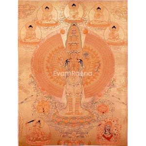 Full 24K Gold Style 1000 Armed Avalokiteshvara Thangka Art | Original Hand Painted Tibetan Buddhist Painting | Wall Hanging Decorative Art