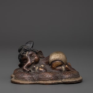 Handmade Oxidized Ganesh Statue in Copper | Sleeping Ganesha Idol for Altar or Home Decor | Hindu Elephant Deity Sculpture Spiritual Gift