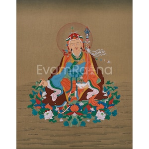 Lotus Born Padmasambhava Thangka | Hand-Painted Guru Rinpoche | Buddhist Wall Art | Tibetan Sacred Artwork | Spiritual Decors | Free Brocade