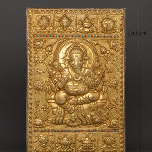 Lord Ganesha Engraved Wall Hanging | Brass Ganesha Sculpture with Colorful Inlay | Spiritual Home Decor | Ganesh Blessings for Prosperity