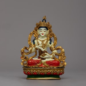 Handcrafted Buddhist Deity Vajrasattva Statue | Gold-Plated Copper Figurine | Tibetan Purification Deity |Spiritual Altar & Meditation Decor