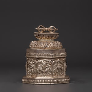 Traditional Tibetan Silver Box | Handcrafted Storage Container 14cm Height Authentic Himalayan Jewelry Keepsake Artifact Spiritual Decor