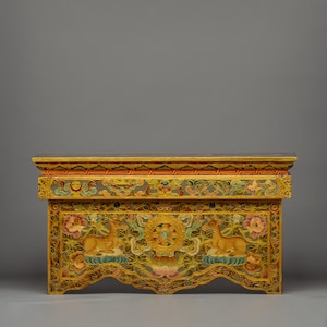 Foldable Buddhist Table (Chokchi) | Hand-Painted Dharma Wheel & Deer Design | Wooden Altar Table for Rituals | Himalayan Tibetan Furniture
