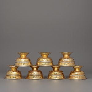 Offering Bowl Set | Gold and Silver-Plated Copper Ritual Bowls for Buddhist Shrine | Puja and Meditation Altar Dharma Decor | Himalayan Art