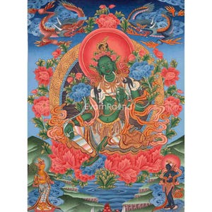 Green Tara Thangka | Original Hand Painted Healing Female Deity | Healing Tara Painting | Art Painting for Meditation and Good Luck to house