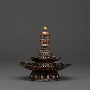 Prayer Wheel Incense Holder | Tibetan Brass Burner with Mantra | Handcrafted Copper Spiritual Stand | Meditation Decor | Buddhist Ritual Art