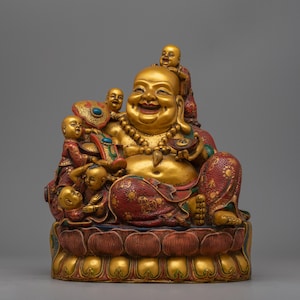 Traditional Laughing Buddha Figurine | Fine Art Sculpture | Happy Buddha With Children | Feng Shui Zen Buddha Sculpture | Buda Statue