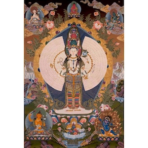 1000 Armed Avalokiteshvara Thangka Art Followed By Mahakala & Other Bodhisattvas | Bodhisattva Guanyin Chenrezig |  Wall Decoration Painting