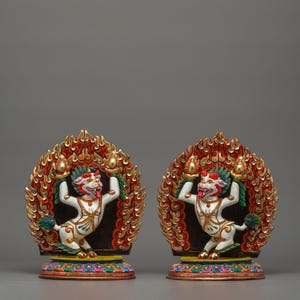 Gold-Plated Copper Foo Dog Lion Set | Handcrafted Shrine Guardian Statues | Tibetan Buddhist Protector | Feng Shui Decor | Temple Artifact