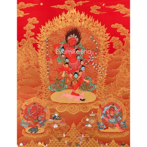 Raro Kurukulla Thangka com Ganesha e Takiraja | Impressão digital em tela de alta qualidade | Pintura budista tibetana Thangka | Decoração para meditação