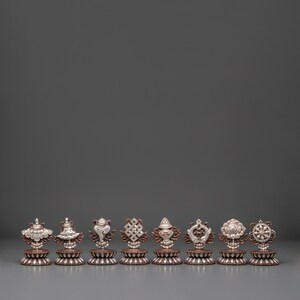 Tibetan Auspicious Symbols Set: Oxidized Copper & Silver Plated Decor