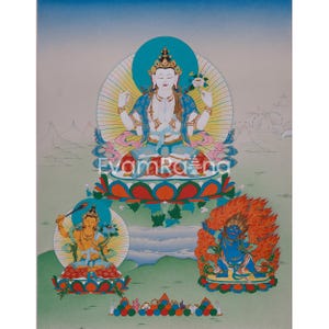 Avalokitesvara Thangka | The Three Great Bodhisattvas | Chenrezig with Manjushri & Vajrapani | Compassion, Wisdom, Power | SILK BROCADE
