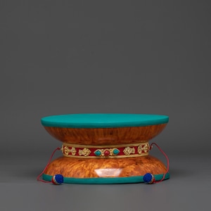 Tibetan Damaru Drum with Silk Tail | Chod Ritual Drum in Bhutanese Wood & Gold-Plated Detail | Buddhist Sound Healing Instrument with Gems