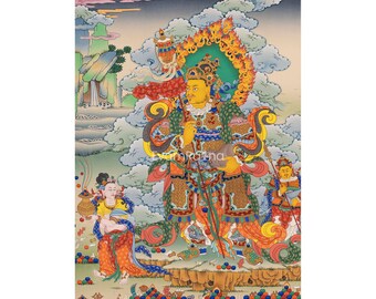 Vaishravana Painting Art Canvas Print / Four Guardian Kings Print For Wall Hanging / Spiritual Room Decor / Nepal Wall Print / Made in Nepal