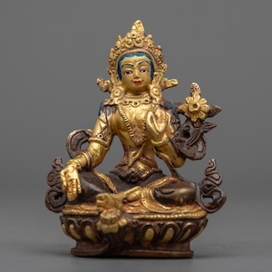 Handcrafted Green Tara Statue in Serene Pose |  Green Tara Enlightenment Statue in Brass | Zen Home Decor in Lush 24k Gold | Nepal Art