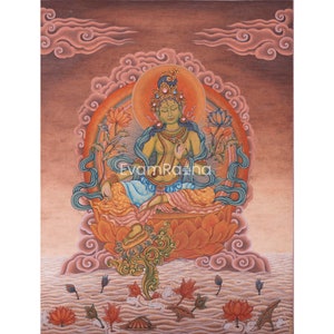 Art Pauba de haute qualité pour l'autel de Tara verte | Impression sur toile traditionnelle népalaise à accrocher au mur | oeuvres d'art sur toile | Grand cadeau d'art spirituel sur toile