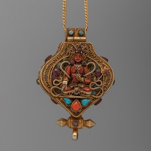 Buddhist Deity Carved Ghau Box Prayer Locket | Tibetan Sacred Treasure Box | 24k Gold Plated | Meditation Tool | Spiritual Ghau | From Nepal
