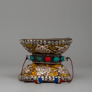 Ritual Drum with White Metal, Coral & Turquoise | Sacred Meditation Instrument | Tibetan Damaru Drum | Buddhist Instrument | Buddhist ritual