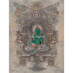 Elegant Mother Green Tara Thangka Print | Goddess Tara Canvas Print | The Female Buddha | Spiritual Wall Decorations | Buddhist Gift Ideas