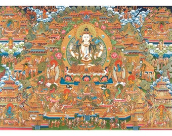 4 Armed Chengrezig Buddha Thangka Prints | Traditional Digital Print Panoramic Wall Art Aid for Meditation | Traditional Digital Prints