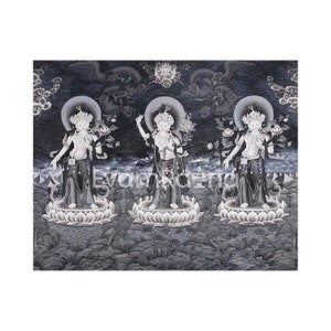 White Tara, Manjushri and Green Tara Standing | Newari Original Hand-Painted Tibetan Thangka | Big Wall hanging | Horizontal Orientation