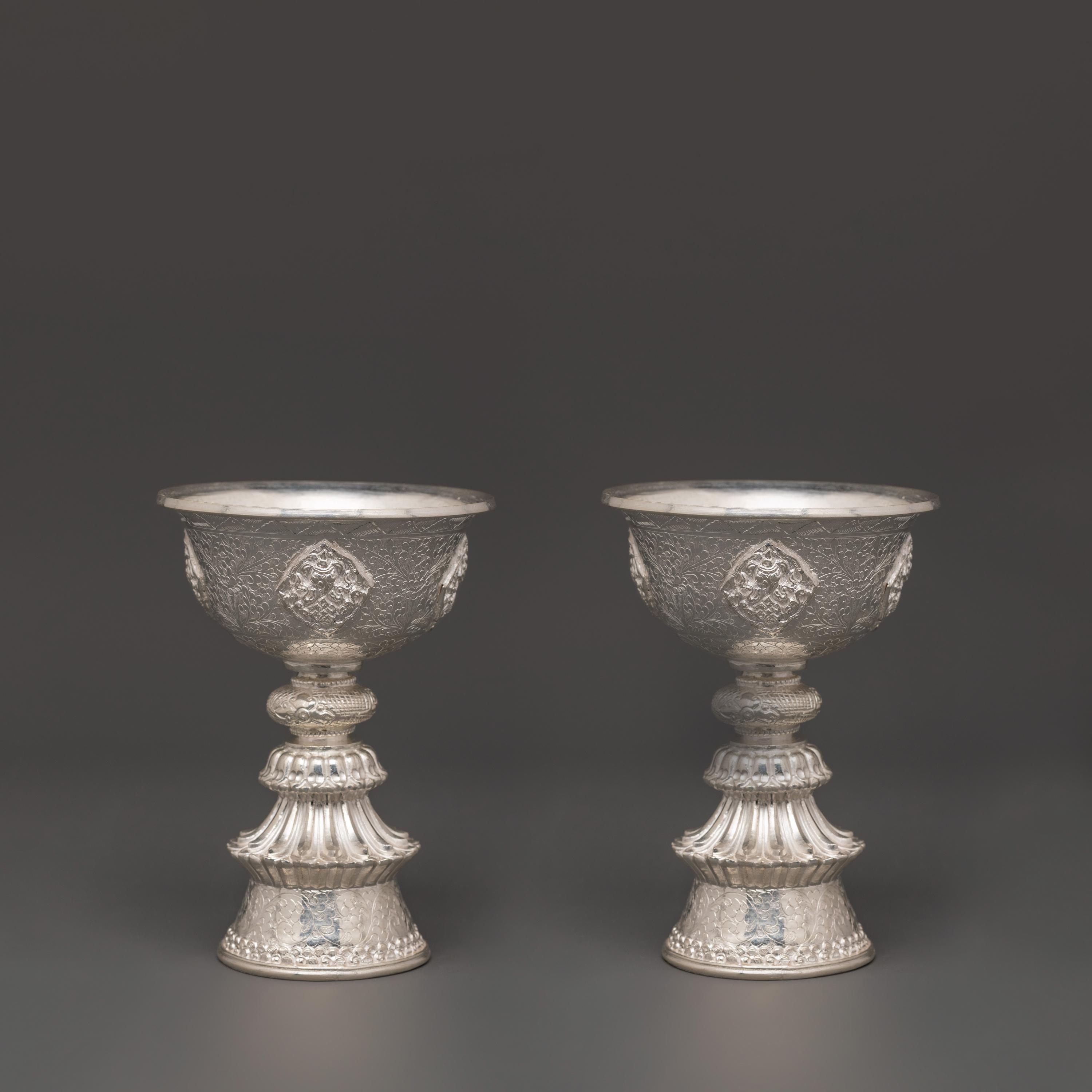 Pure Silver Tibetan Butter Lamp Set | 14.5cm Traditional Tibetan Offering Lamps | Handcrafted Pair for Altar, Rituals & Buddhist Ceremonies