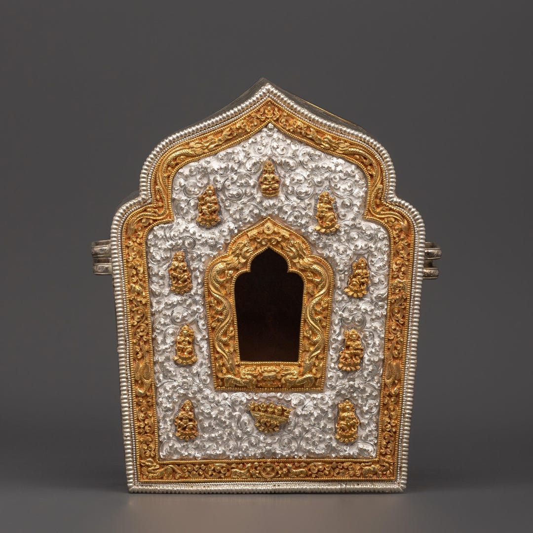 Buddhist Portable Ghau Box | Gold & Silver-plated Copper Shrine Box ...